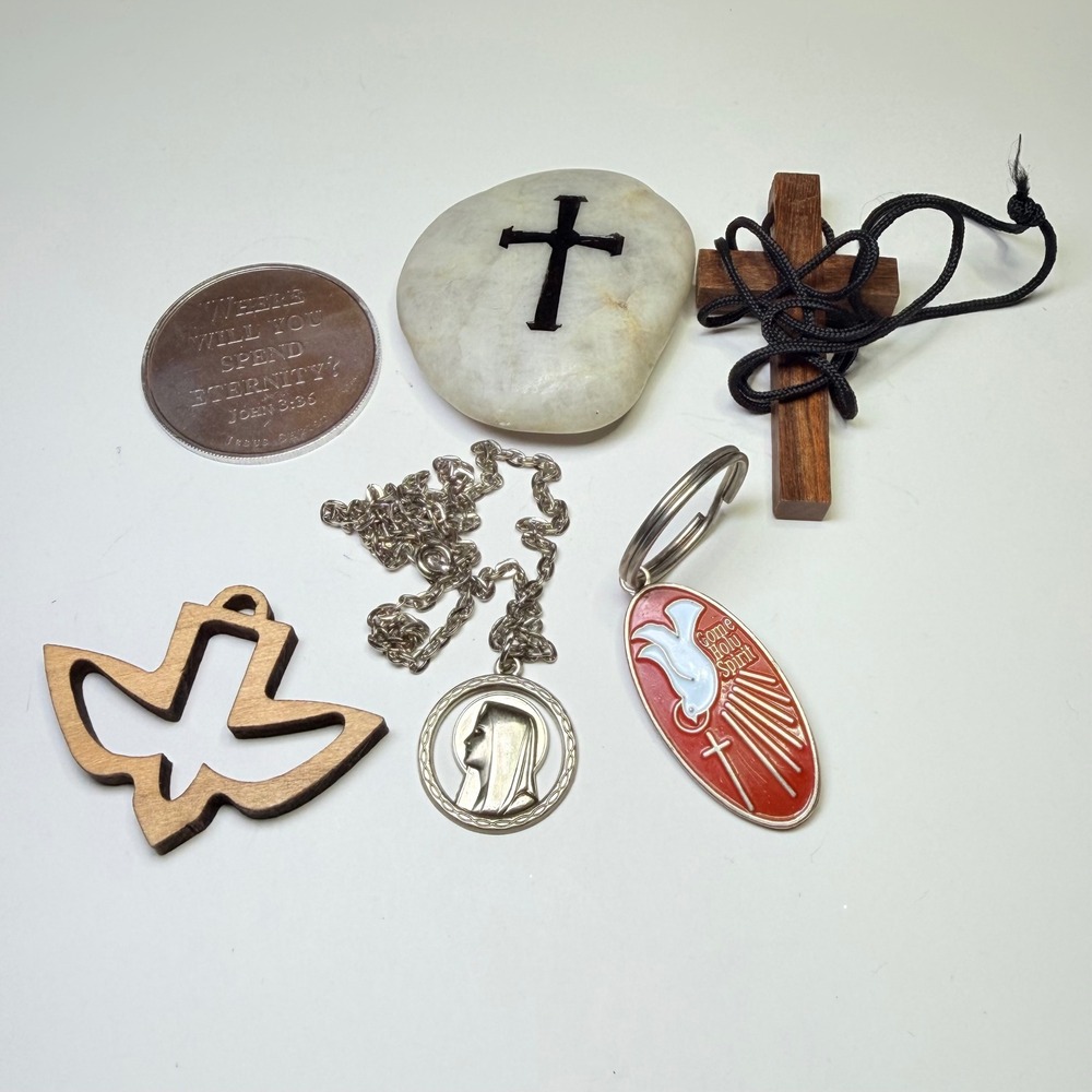 Christian Religious Lot Virgin Mary Necklace Wood Cross Dove Keychain Stone Coin